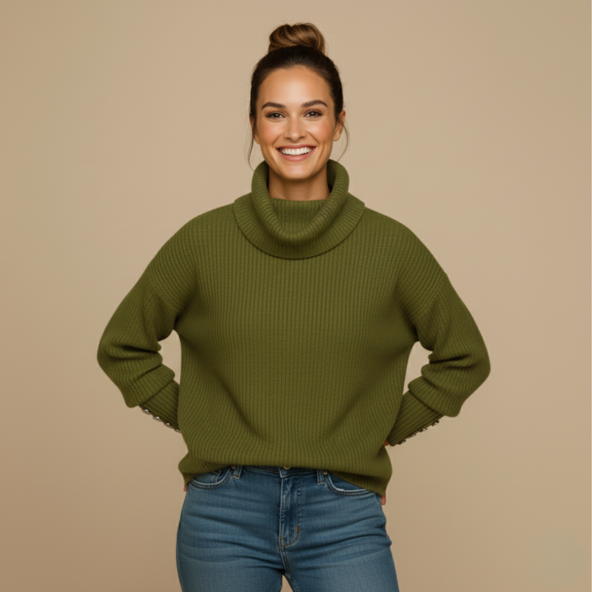 Ladies Ribbed Turtleneck Jumper Button Cuff Fashion Grand