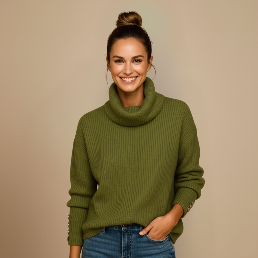 Ladies Ribbed Turtleneck Jumper Button Cuff Fashion Grand