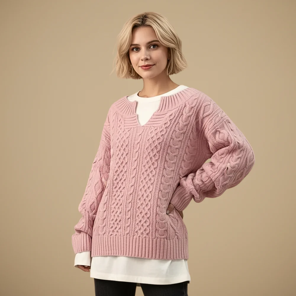 Women's Oversized V-Neck Thick Cable Jumper Fashion Grand