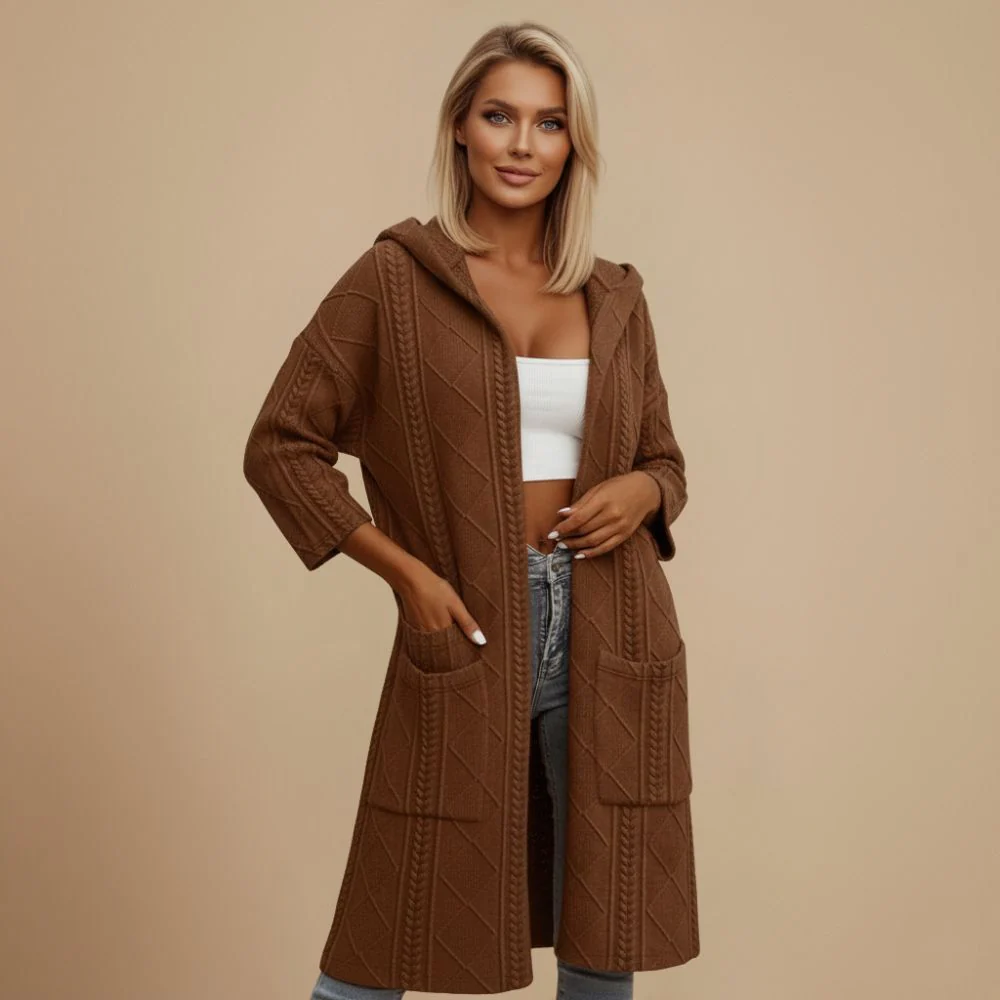 Women's Longline Cable Knit Hooded Open Cardigan Fashion Grand