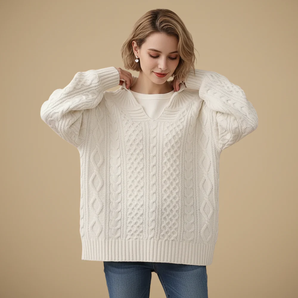 Women's Oversized V-Neck Thick Cable Jumper Fashion Grand