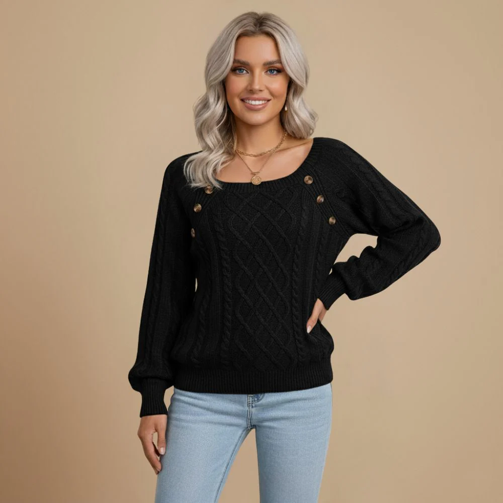 Cable Knit Shoulder Button Detail Round Jumper for Women Fashion Grand