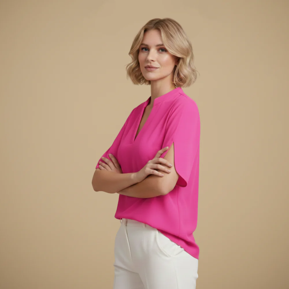 Women's V-Neck Short Sleeve Stand-up Collar Blouse Fashion Grand