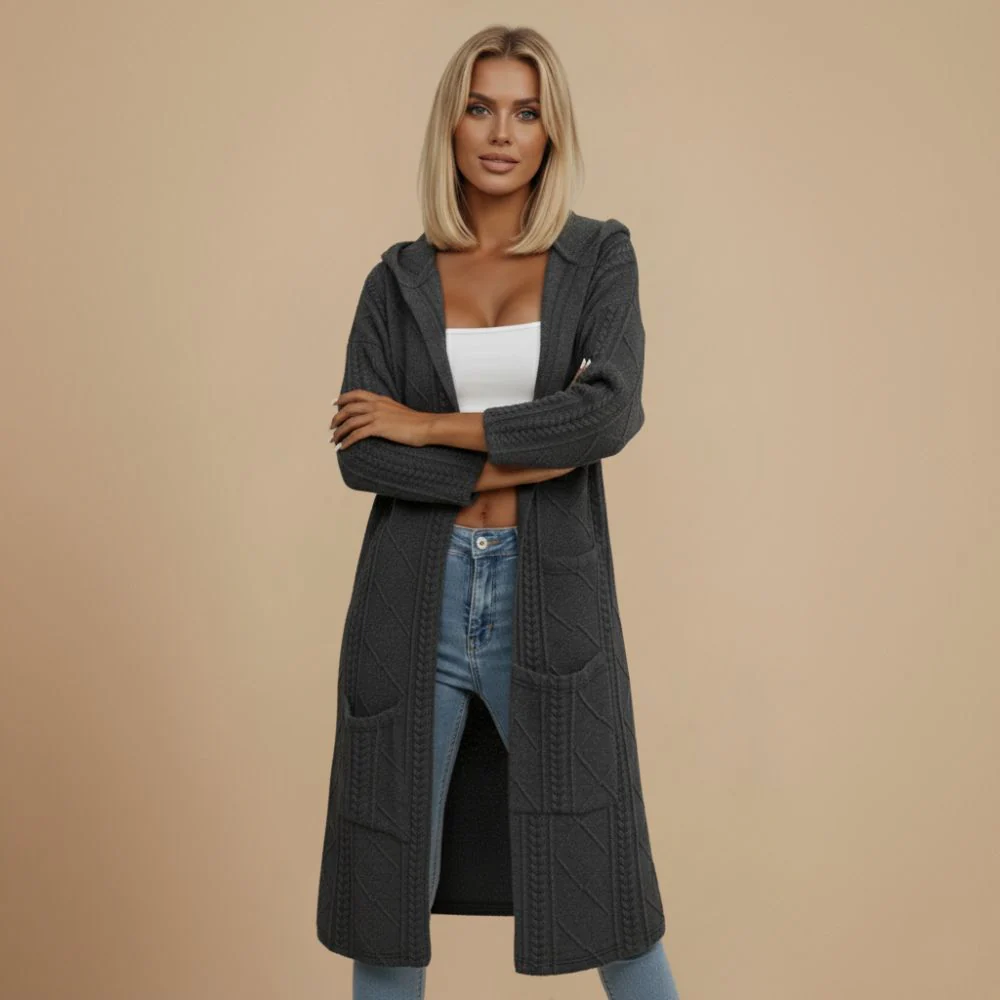 Women's Longline Cable Knit Hooded Open Cardigan Fashion Grand
