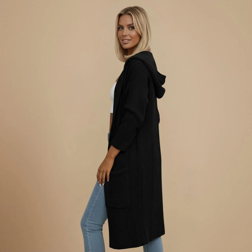 Women's Longline Cable Knit Hooded Open Cardigan Fashion Grand