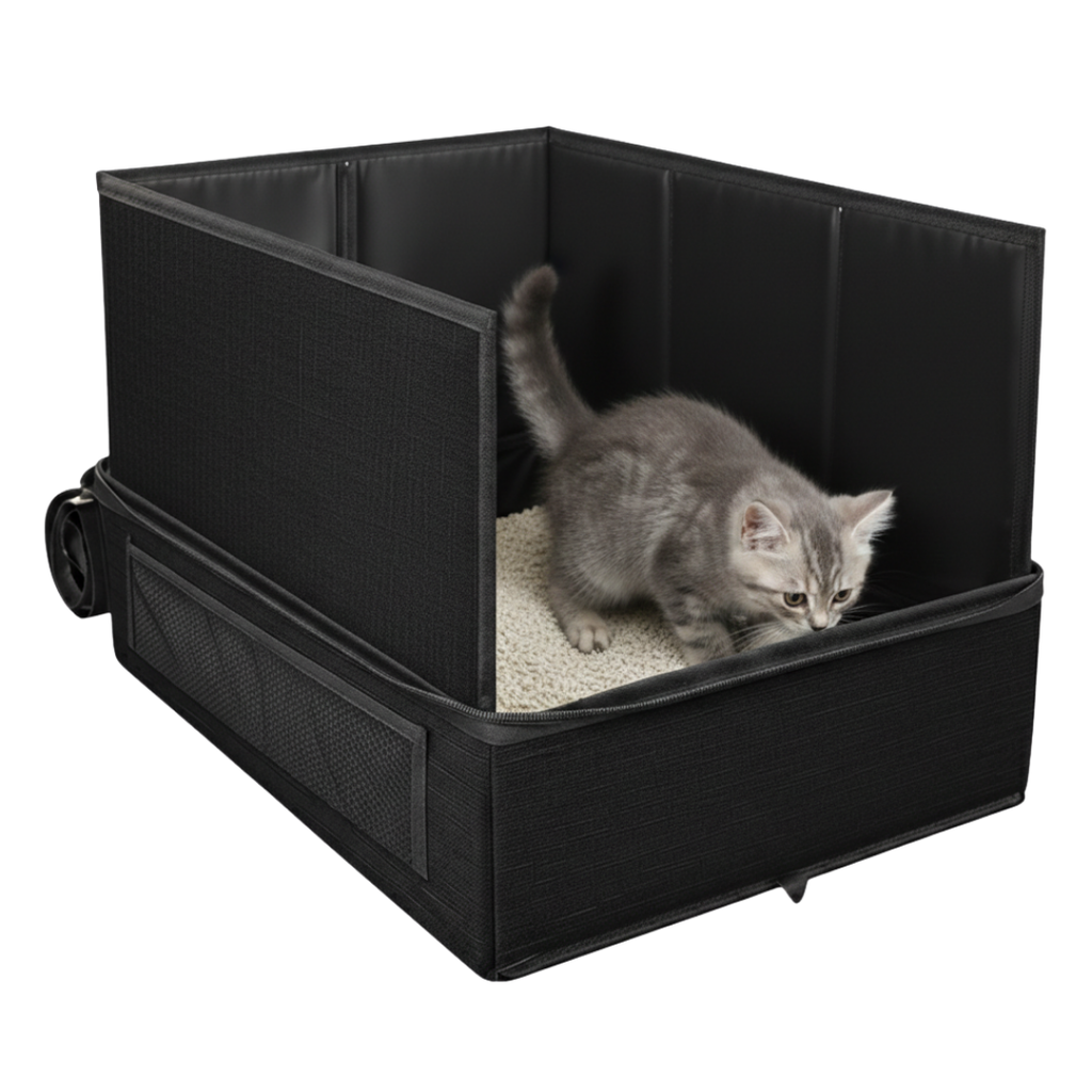 Zip Top Foldable Travel Cat Litter Box with Scoop and Collapsible Bowl